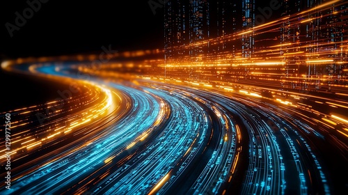 Glowing lines moving fast, showing data flow; for tech or futuristic themes