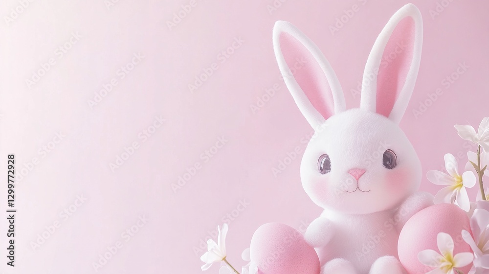 Obraz premium Festive Easter banner featuring a delightful cute bunny, vibrant colorful eggs, and beautiful flowers