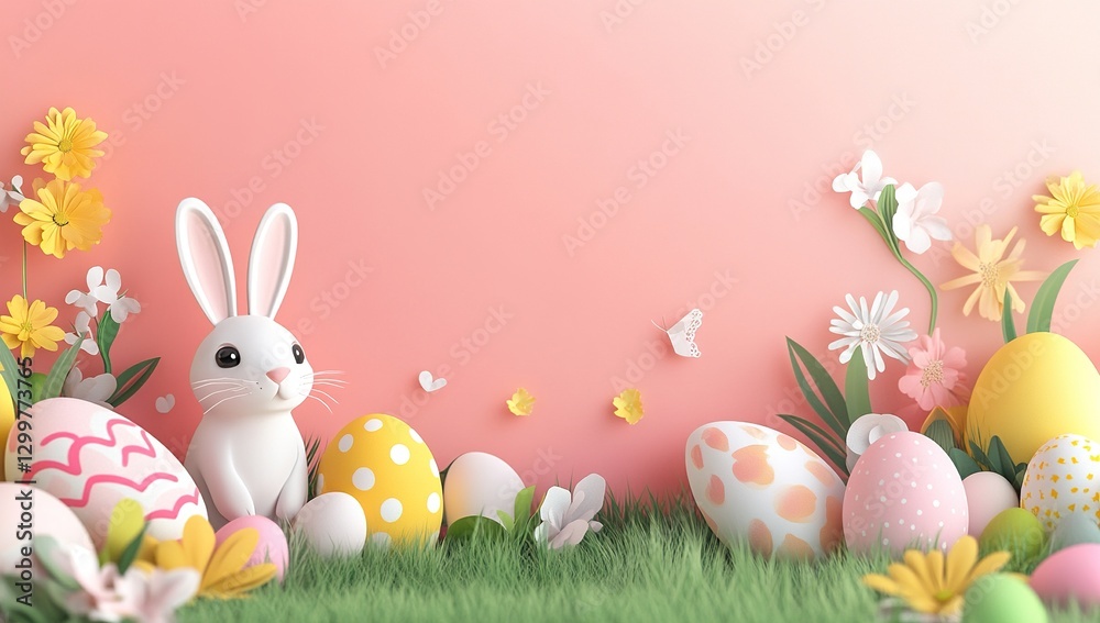Obraz premium Festive Easter banner featuring a delightful cute bunny, vibrant colorful eggs, and beautiful flowers