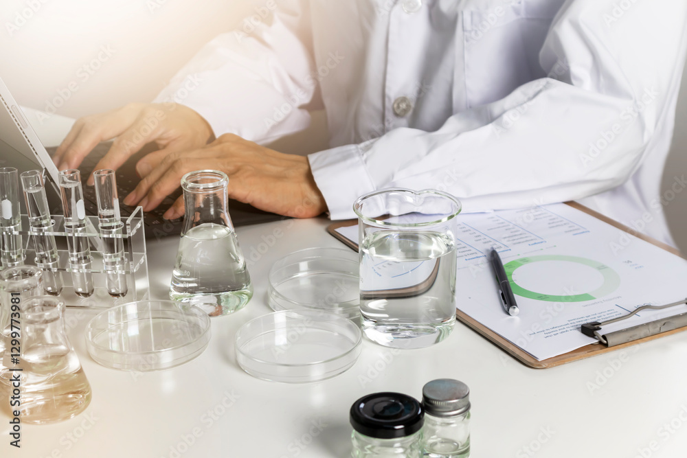 Fototapeta premium Researchers study data and conduct chemical experiments, in the creation of drugs, scientific data collection experiments