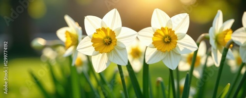 White daffodils in a garden with sunlight filtering through, nature, garden, blooms of colour
