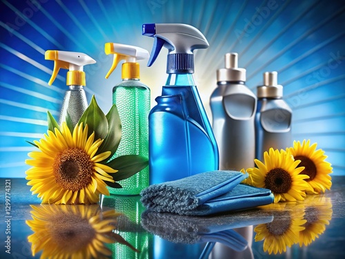 Slate blue all-purpose cleaner, accented with sunflowers.  A futuristic cleaning solution.