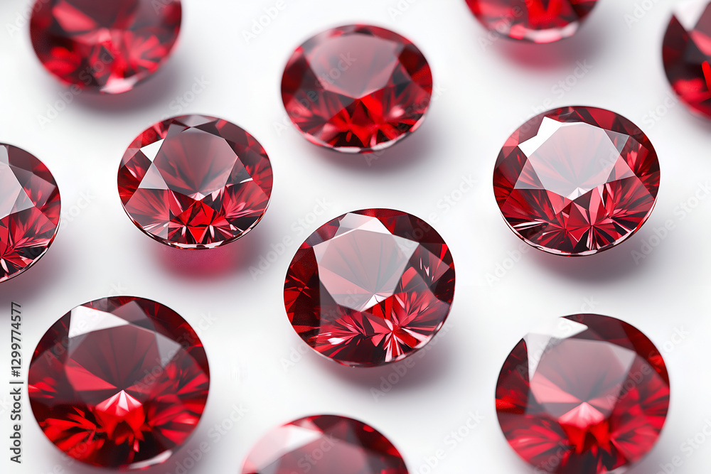Elegant Round-Cut Red Gemstones Scattered on a Pristine White Surface Elegant Round-Cut Red Gemstones Scattered on a Pristine White Surface