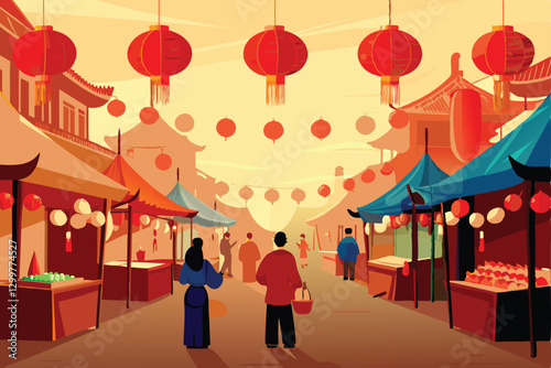 A vibrant digital painting of a bustling Christmas market, showcasing festive stalls, twinkling lights, happy crowds, and traditional decorations.
