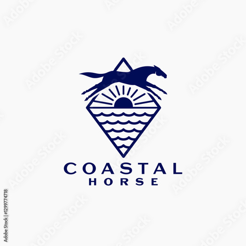 Classic Elegant Coastal Horse Logo, Horse Jumping Logo,  Coastal Horse Logo.