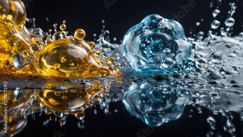water separation, showing droplets floating and resisting mixing. The contrast between textures and colors highlights the natural immiscibility of these two liquids