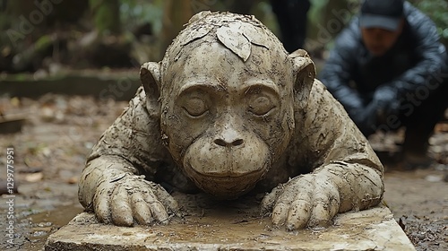 Stone monkey statue in forest temple