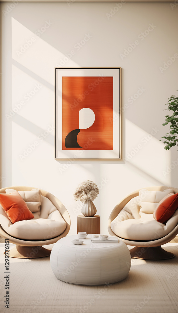 Obraz premium Modern Living Room Interior Beige Armchairs Abstract Art Coffee Table