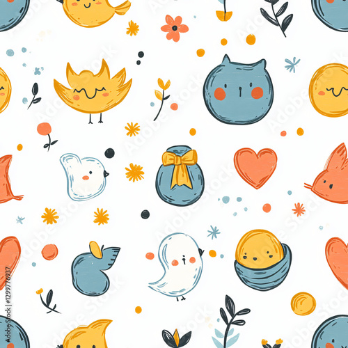 Captivating pattern of birds and flowers creating a whimsical and playful atmosphere perfect for nature inspired art