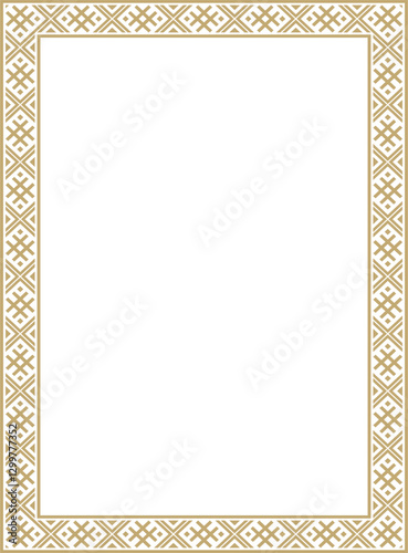Vector golden square belarusian national ornament frame. Ethnic pattern rectangle of Slavic peoples, Russian, Ukrainian, Serb, Pole, Bulgarian. Cross stitch template