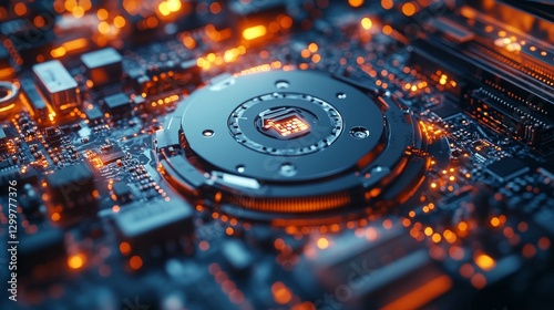 Close-up of a futuristic computer motherboard with glowing components.