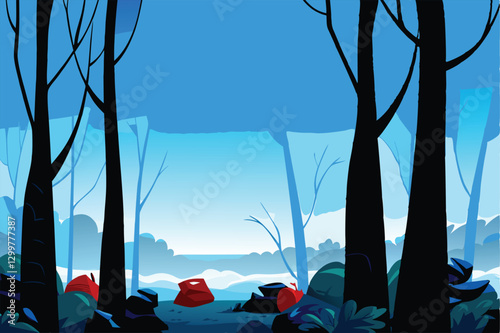A desolate forest scene littered with overflowing piles of plastic bottles, bags, and discarded fast food containers; showcasing the devastating impact of human waste on natural ecosystems.