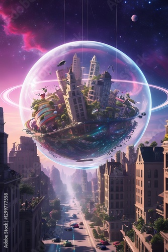 Futuristic Biosphere City Floating Above a Modern Metropolis