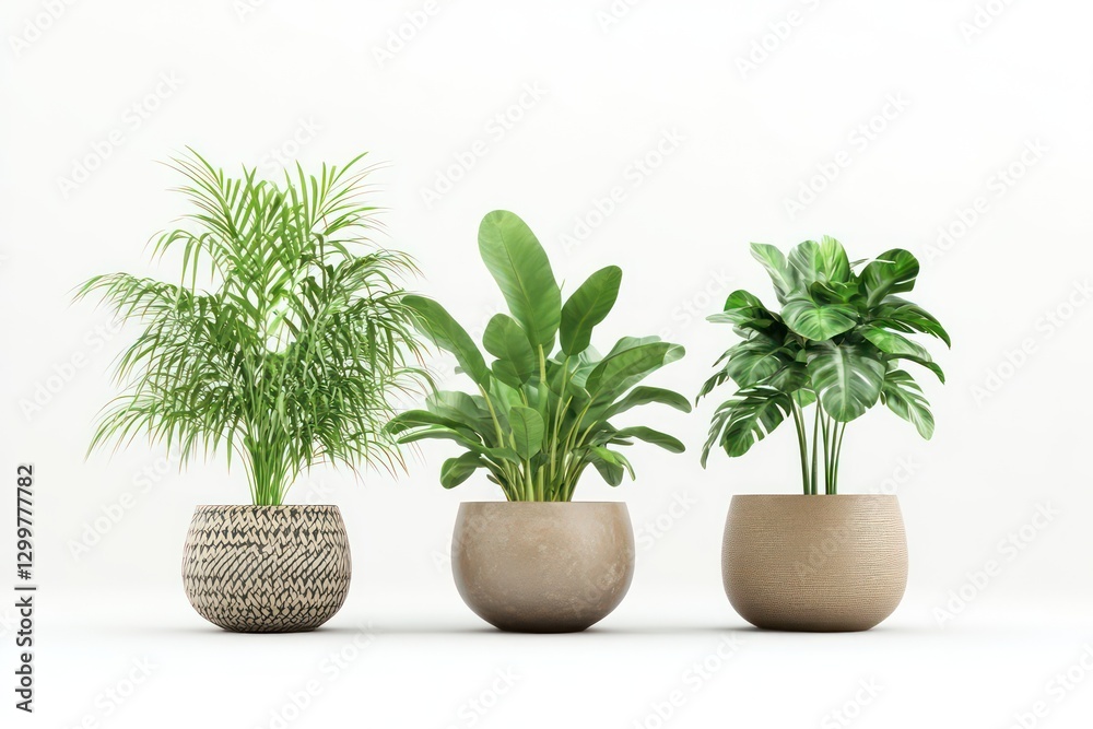 A clean and simple 3D illustration of lush green houseplants in decorative pots, isolated on a white background, showcasing modern indoor gardening. A clean and simple 3D illustration of lush green houseplants in decorative pots, isolated on a white background, showcasing modern indoor gardening.
