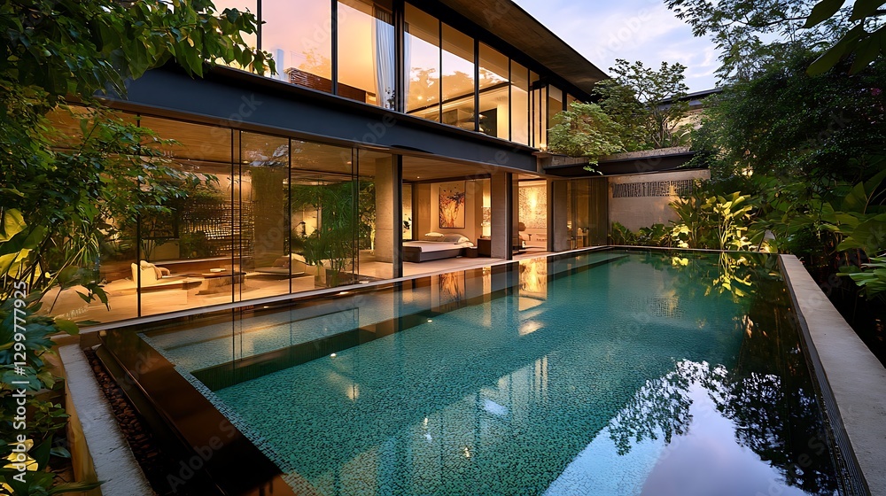 Fototapeta premium Modern Home with Swimming Pool and Lush Greenery at Dusk