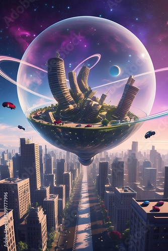 Futuristic City in a Floating Biosphere Above Urban Sprawl