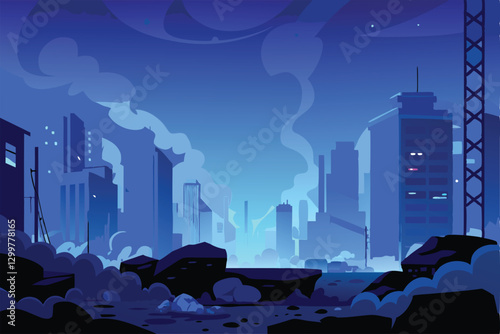 A sprawling futuristic dystopian city, choked by towering mountains of waste and decaying infrastructure, under a polluted, smog-filled sky.