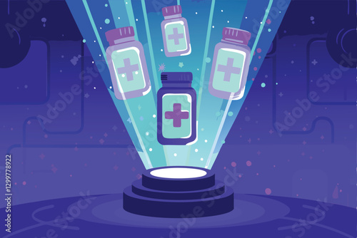 A futuristic pharmacy interior showcasing holographic displays of medicine, advanced dispensing systems, and sleek, minimalist design.