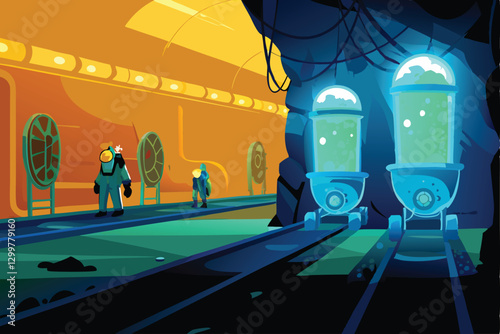 A futuristic underground mining operation, glowing minerals illuminating vast caverns, advanced mining equipment and robotic workers.
