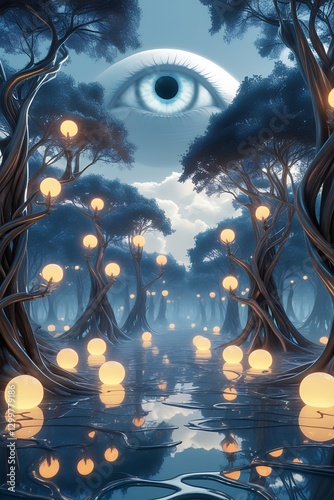 Surreal Illuminated Forest with Floating Eye Over Water