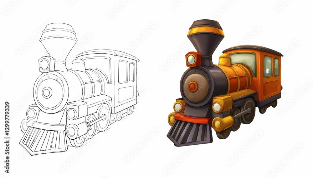 Fototapeta premium Cute Cartoon Steam Train Line Art and Color 04