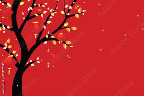A majestic golden tree, lavishly decorated with vibrant red envelopes, glitters under a spotlight.  Intricate detail showcases festive opulence.