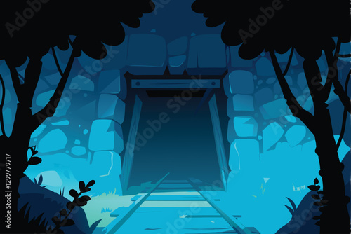 A dark, mysterious glowing coal mine entrance at night, emanating an eerie light, hinting at hidden depths and untold stories.