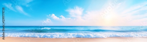 A tranquil beach scene with gentle waves lapping at the shore, the sky painted in soft pastels.