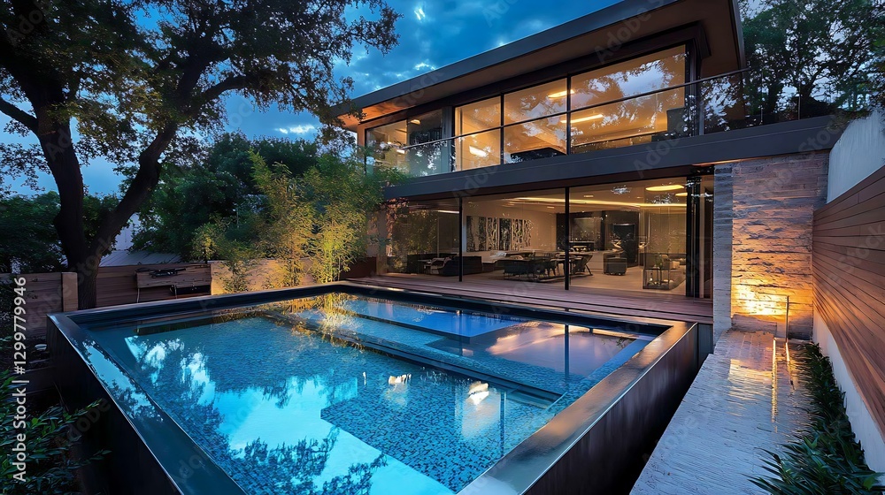 Obraz premium Swimming Pool and Modern Home Exterior with Evening Sky Reflection