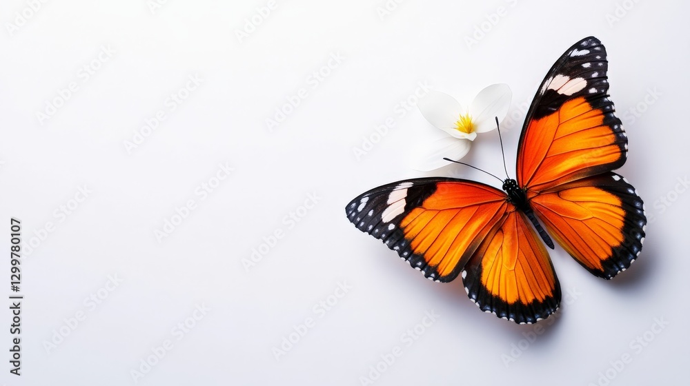 Obraz premium A vibrant butterfly perched on a white flower petal, its wings fully spread against a white background.
