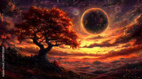 Solitary Tree at Sunset Under a Starry Night Sky