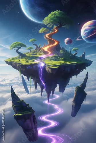 Celestial floating island with magical tree and dual glowing energy rivers