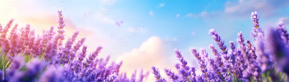 Fototapeta premium A wide field of lavender flowers swaying gently in the breeze, with the soft purple of the blooms contrasting against the vivid blue sky.
