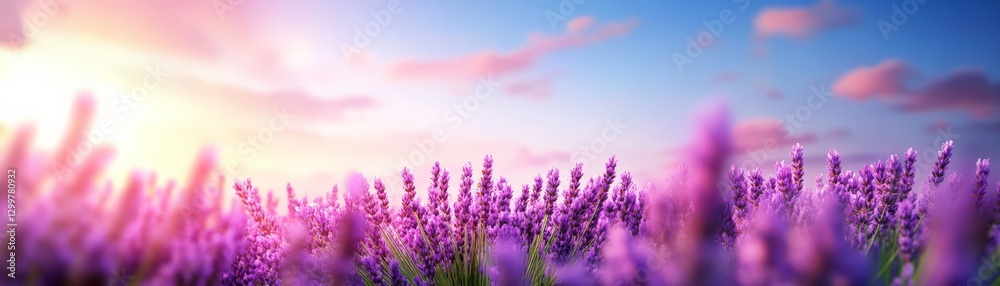 Fototapeta premium A wide field of lavender flowers swaying gently in the breeze, with the soft purple of the blooms contrasting against the vivid blue sky.