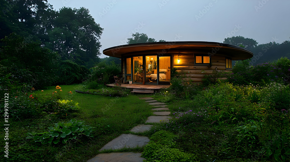 Circular Wooden House Exterior Surrounded by Greenery with Stone Pathway Under Dark Sky Circular Wooden House Exterior Surrounded by Greenery with Stone Pathway Under Dark Sky