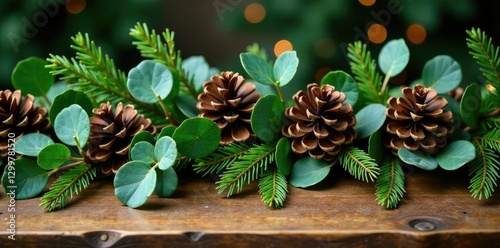 Lush eucalyptus and pinecone garland on a wooden table, holiday decor, evergreen
