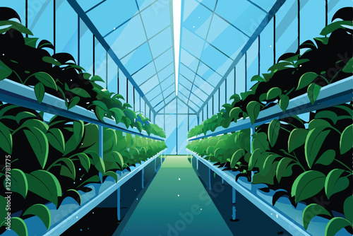Lush green plants thrive in a bright, spacious greenhouse, neatly arranged in rows under glass roofing.  Sunlight streams in, illuminating vibrant foliage.