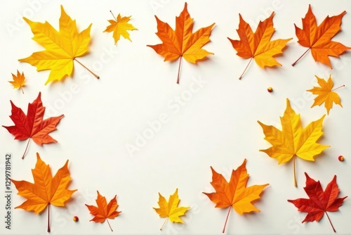 Golden maple leaves scattered on white surface, isolated, fall, background