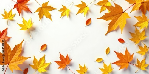 Golden maple leaves scattered on a pristine white surface, trees, leaf, green