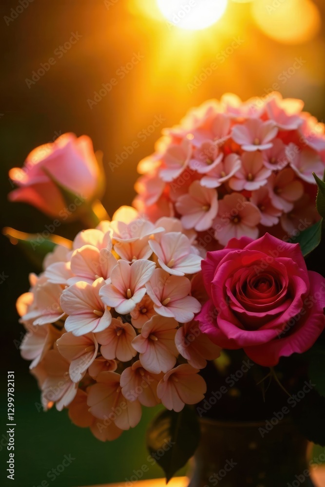 Golden light on an autumn flower bouquet with roses and hydrangeas, golden hour, floral arrangement, warm light Golden light on an autumn flower bouquet with roses and hydrangeas, golden hour, floral arrangement, warm light