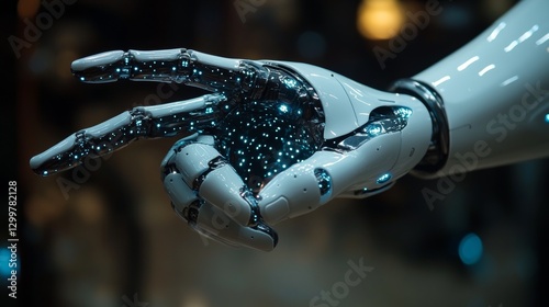 Close-up of a robotic hand with glowing internal components, gesturing.