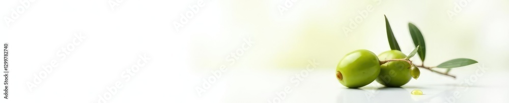 Obraz premium Gentle olive branch with single drop of oil resting on white background, oil, peace