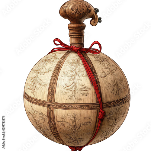 A finely crafted wooden musical instrument with a spherical resonator and a handle, adorned with delicate engravings, tied with a decorative red string, transparent background, PNG