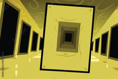 Render a digital painting of a disorienting labyrinth constructed entirely of mirrors, illuminated by eerie, green-tinged light, creating distorted reflections and deep shadows.