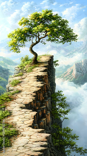 Solitary Tree on a Clifftop Path, Mountain Landscape