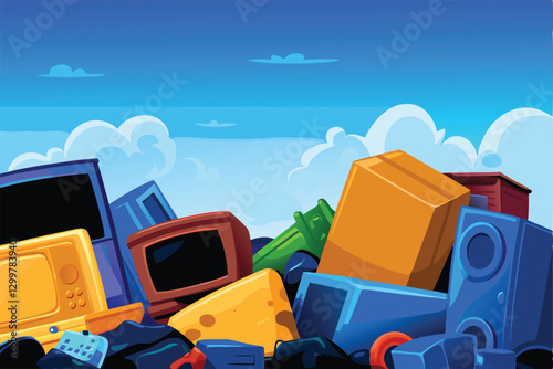 Create a whimsical illustration of a landfill overflowing with cartoonish waste;  include recognizable items like plastic bottles, discarded toys, and fast food containers.