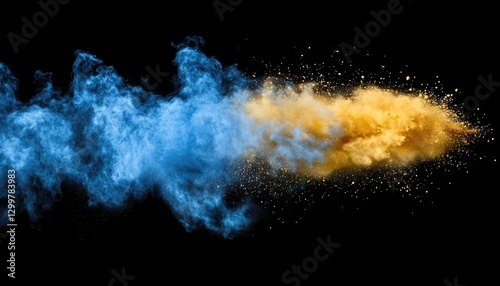 Dynamic Blue and Gold Powder Explosion on Black Background