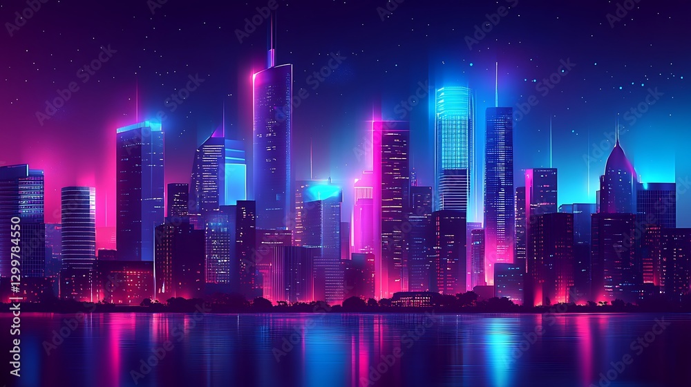 Fototapeta premium The Neon City Skyline Reflecting Bright Colors on the Water