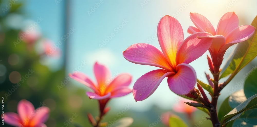 Fototapeta premium Frangipani flowers swaying gently in the breeze and sunlight, blossom, pink, flowers