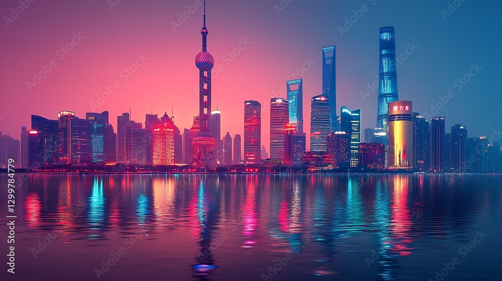 Fototapeta premium A beautiful cityscape illuminated brightly at night with reflections